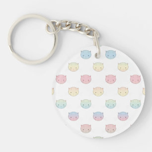 Cute Pastel Kitty Cat Faces Pattern Key Ring