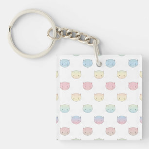 Cute Pastel Kitty Cat Faces Pattern Key Ring