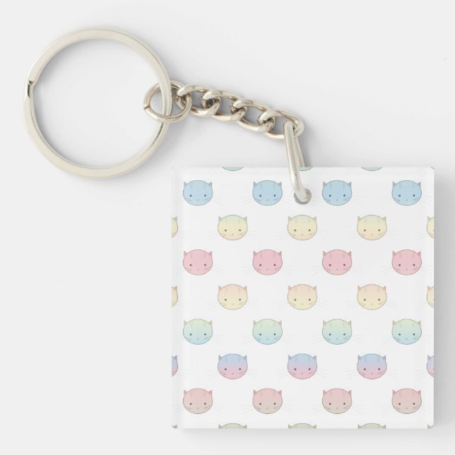Cute Pastel Kitty Cat Faces Pattern Key Ring (Front)