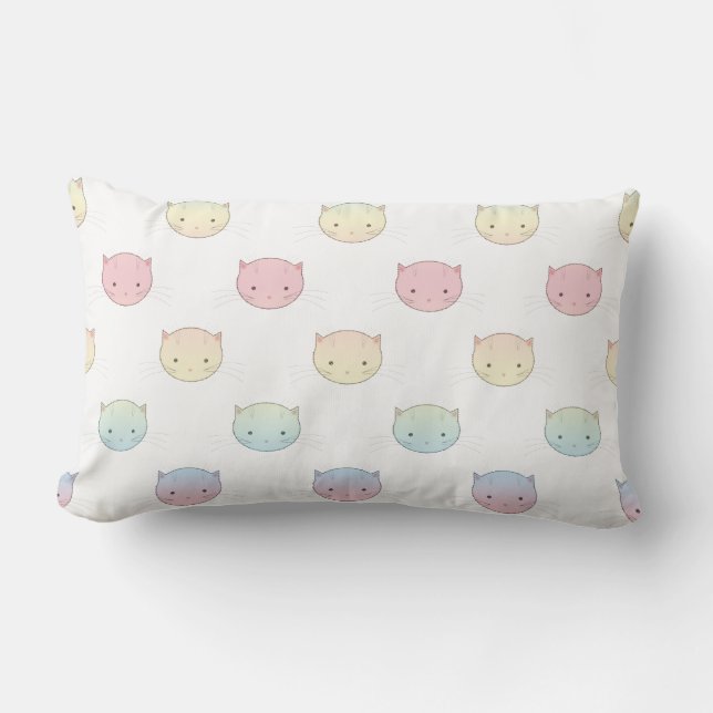 Cute Pastel Kitty Cat Faces Pattern Lumbar Cushion (Front)