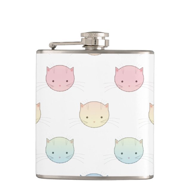 Cute Pastel Kitty Faces Pink Blue Green Yellow Hip Flask (Front)