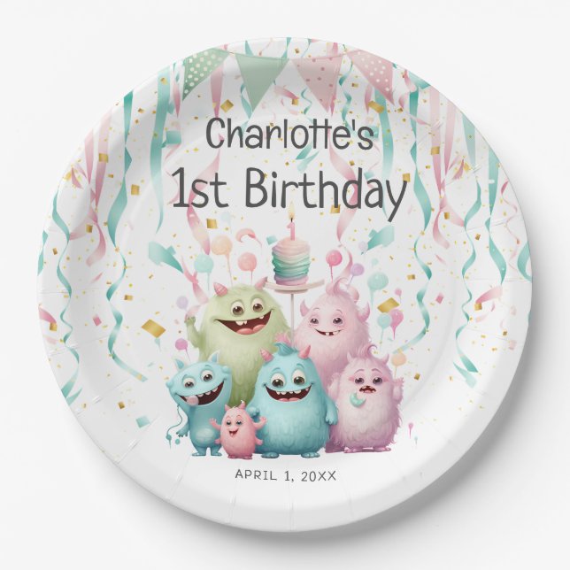 Cute Pastel Little Monsters Girl's 1st Birthday Paper Plate (Front)