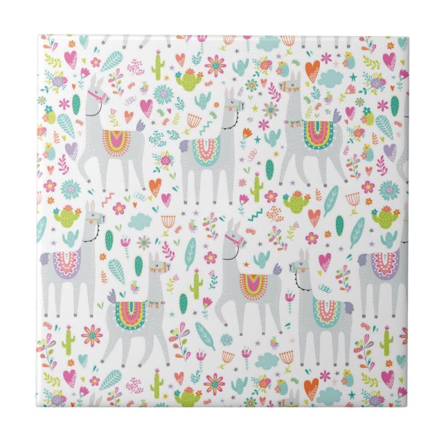 Cute Pastel Llama Pattern Ceramic Tile (Front)