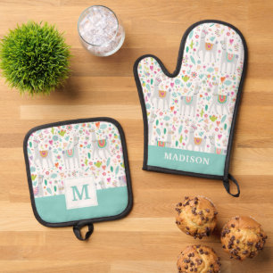 Cute Pastel Llama Pattern Oven Mitt & Pot Holder Set