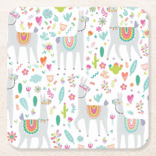 Cute Pastel Llama Pattern Square Paper Coaster