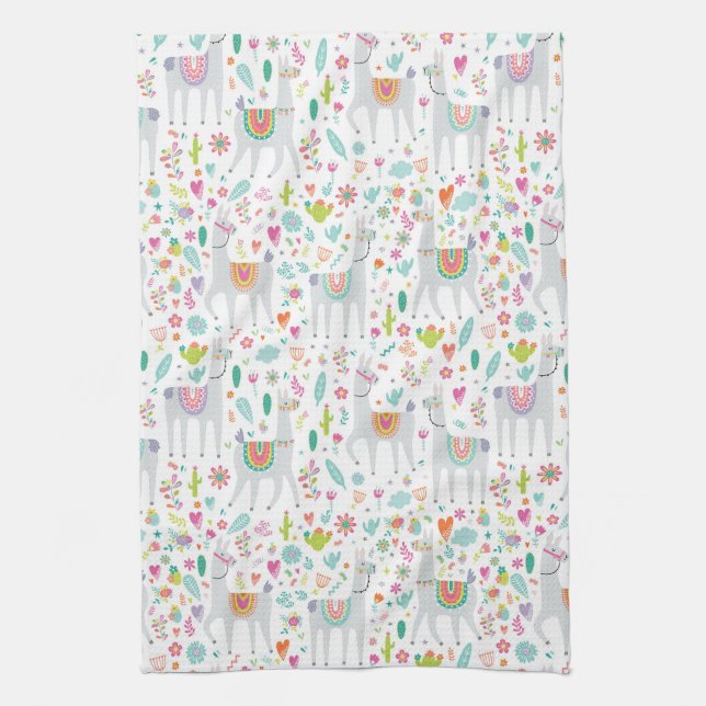 Cute Pastel Llama Pattern Tea Towel (Vertical)