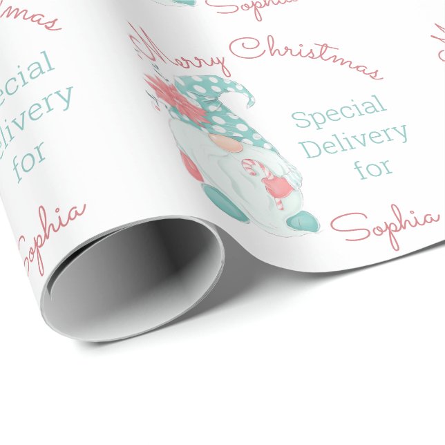 Cute Pastel Merry Christmas Customised Name Gnome  Wrapping Paper (Roll Corner)