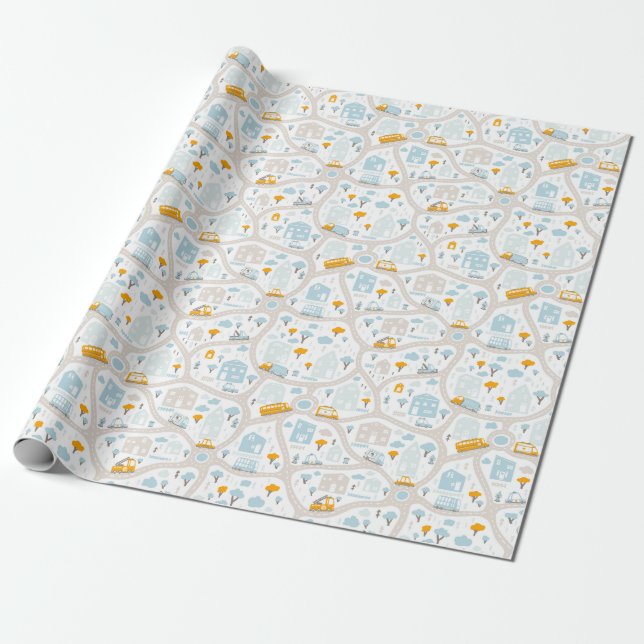 Cute Pastel Neighbourhood Map Pattern Wrapping Paper (Unrolled)