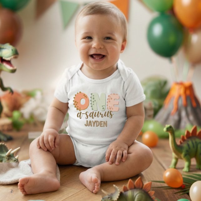 Cute Pastel One A Saurus Dinosaur Birthday Baby Bodysuit (Creator Uploaded)