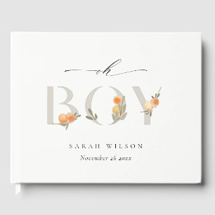 Cute Pastel Orange Floral Boho Oh Boy Baby Shower Guest Book