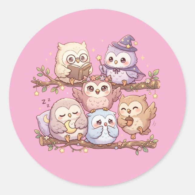 Cute Pastel Owl Friends Sticker Sheet (Front)