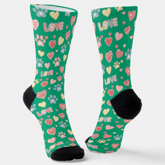 Cute Pastel Paw Prints and Hearts Pattern "LOVE"  Socks (Angled)