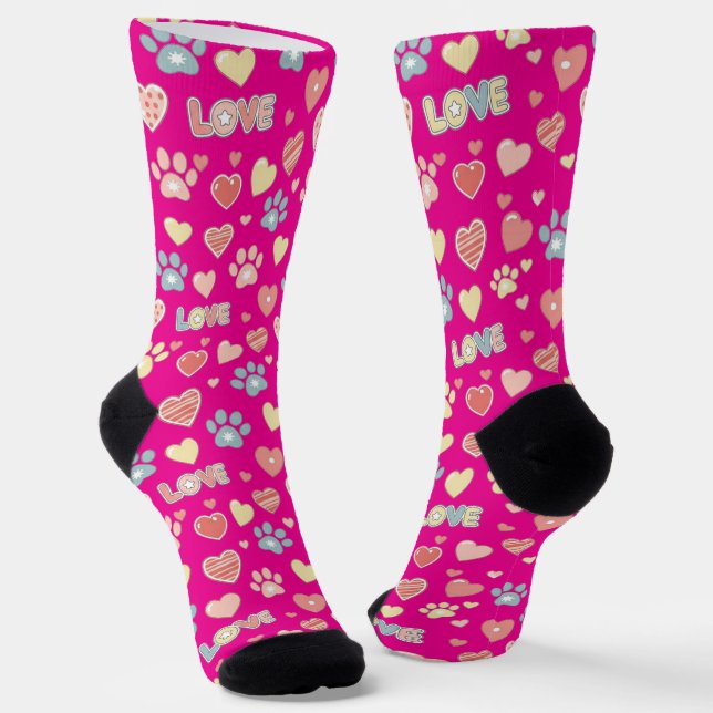 Cute Pastel Paw Prints and Hearts Pattern "LOVE"  Socks (Angled)