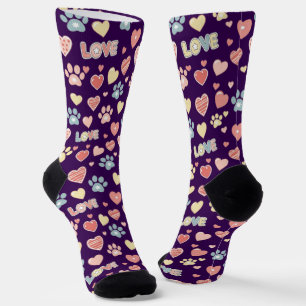 Cute Pastel Paw Prints and Hearts Pattern "LOVE" Socks