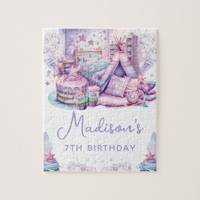 Cute Pastel Personalised Sleepover Birthday Jigsaw Puzzle (Vertical)