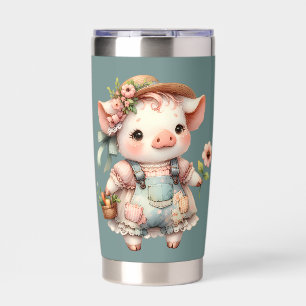 Cute Pastel Piglet in Cottagecore Overalls Insulated Tumbler