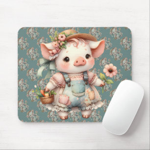 Cute Pastel Piglet in Cottagecore Overalls Mouse Pad