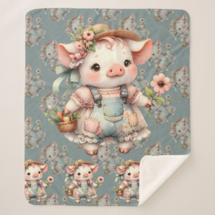 Cute Pastel Piglet in Cottagecore Overalls  Sherpa Blanket