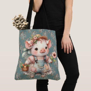 Cute Pastel Piglet in Cottagecore Overalls Tote Bag