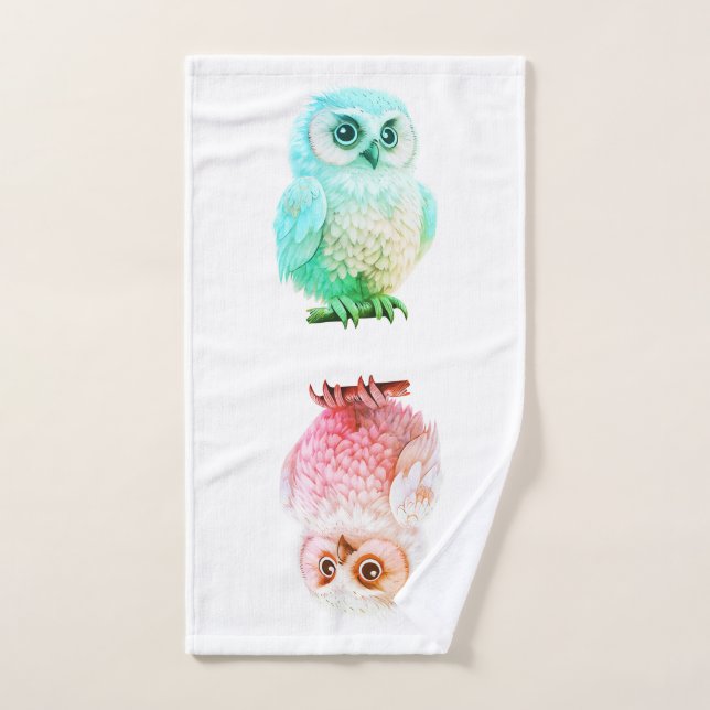 Cute Pastel Pink and Blue Cartoon Owl Bath Towel Set (Hand Towel)