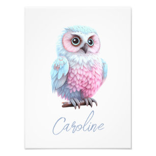Cute Pastel Pink and Blue Cartoon Owl Photo Print