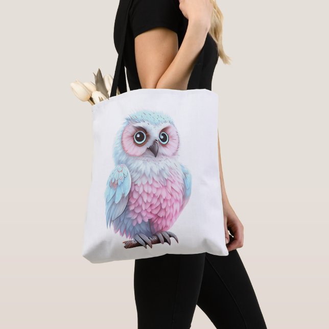 Cute Pastel Pink and Blue Cartoon Owl Tote Bag (Close Up)