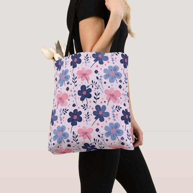 Cute Pastel Pink And Blue Floral Spring Garden Tote Bag (Close Up)