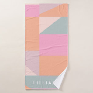 Cute Pastel Pink and Orange Geometric Personalized Bath Towel