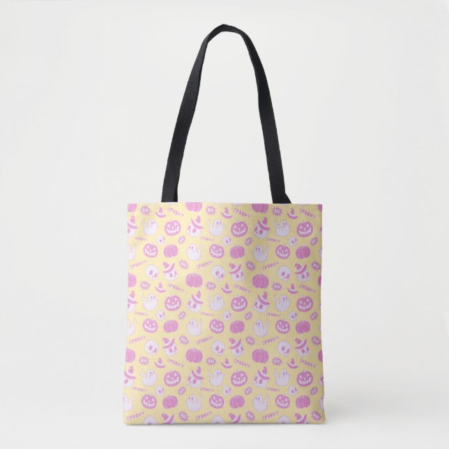 Cute Pastel Pink and Yellow Spooky Halloween Tote Bag (Front)