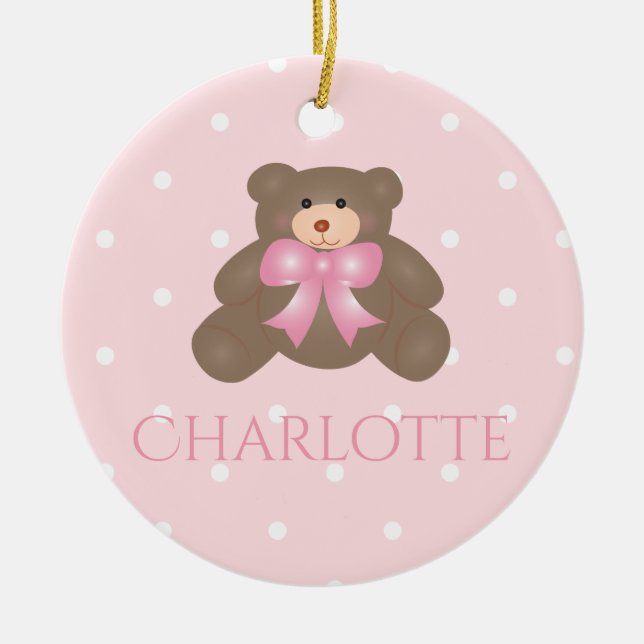 Cute Pastel Pink Bear Cub Baby First Christmas Ceramic Ornament (Front)