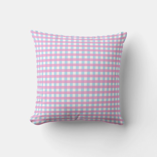Cute Pastel Pink Blue Gingham Check Cushion (Front)