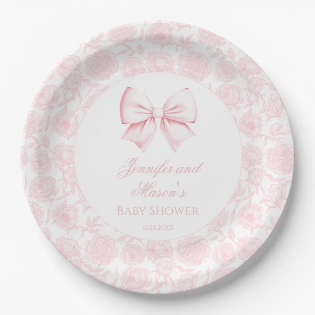 Cute pastel pink bow bohemian baby girl shower paper plate (Front)