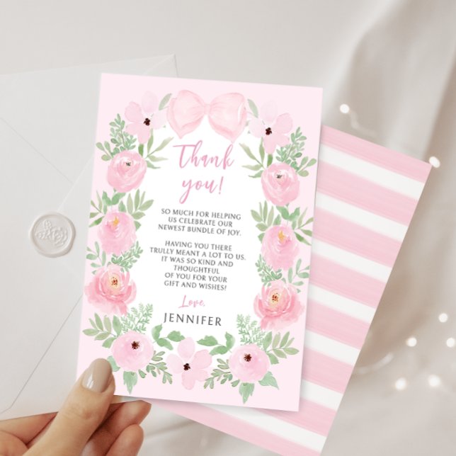 Cute pastel pink bow floral elegant baby shower thank you card (Creator Uploaded)