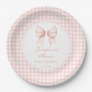 Cute pastel pink bow ribbon baby girl shower paper plate