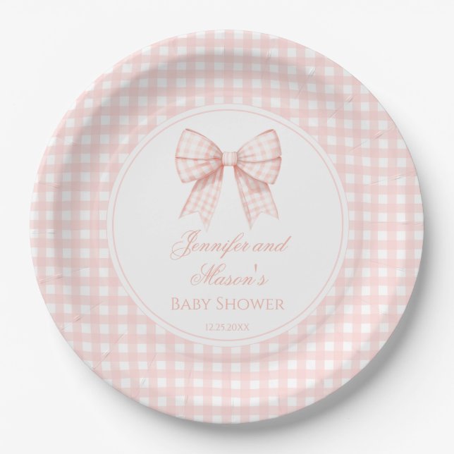Cute pastel pink bow ribbon baby girl shower paper plate (Front)