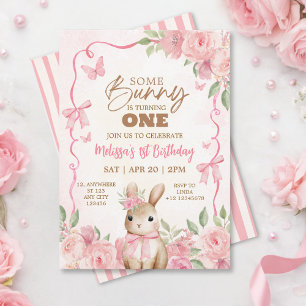 Cute Pastel Pink Bunny Floral Birthday  Invitation