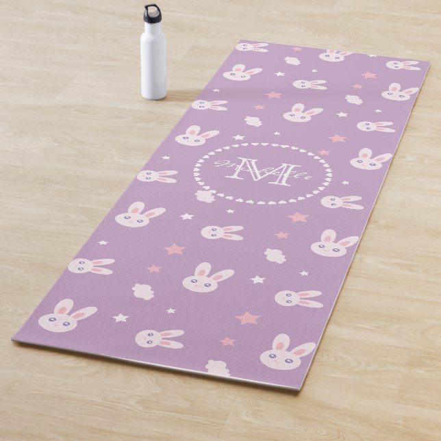 Cute Pastel Pink Bunny Rabbit Pattern Monogram Yoga Mat (In Situ)