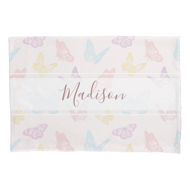 Cute Pastel Pink Butterfly Pattern with Girls Name Pillowcase (Front)