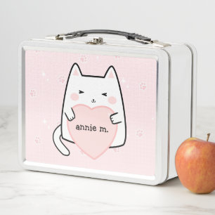 Cute Pastel Pink Cat Kawaii Sparkle Kitty Metal Lunch Box