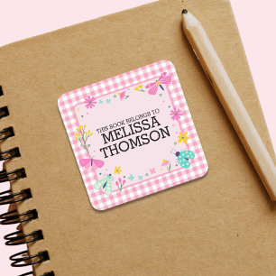Cute Pastel Pink Chequered Floral Girls Name   Square Sticker