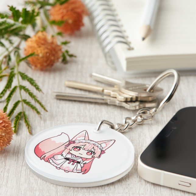 Cute Pastel Pink Chibi FoxGirl  Key Ring (Front Right)