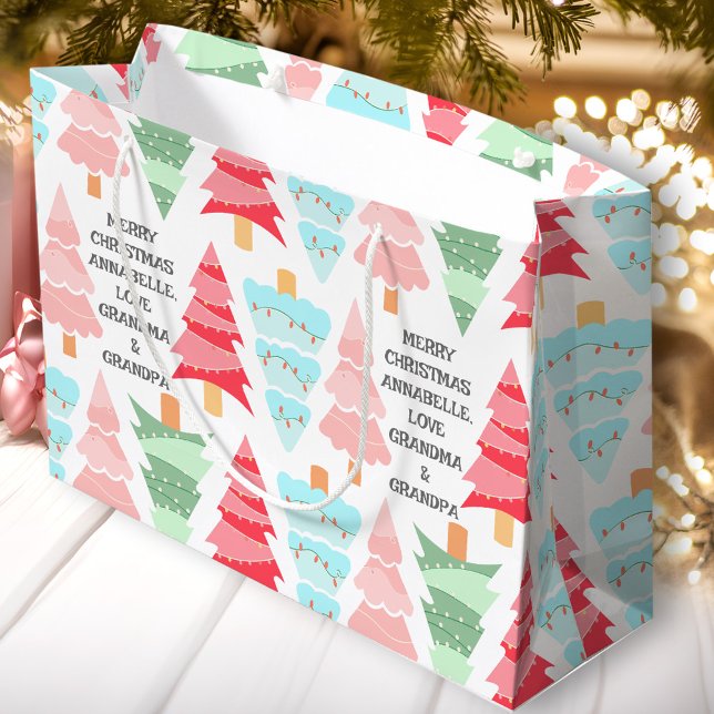 Cute Pastel Pink Colourful Christmas Tree Name Large Gift Bag (Cute Pastel Pink Colorful Christmas Tree Name Large Gift Bag)