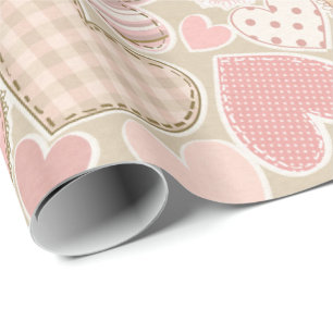 Cute Pastel Pink Craft Textile Hearts Wrapping Paper