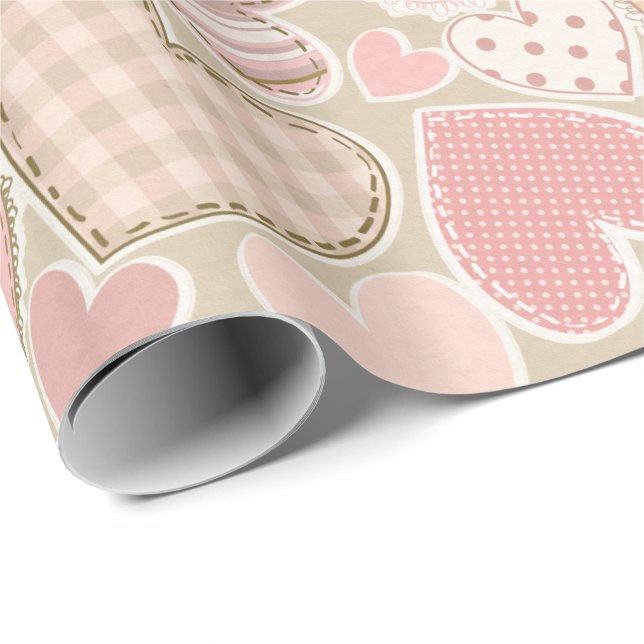 Cute Pastel Pink Craft Textile Hearts Wrapping Paper (Roll Corner)
