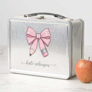 Cute Pastel Pink Cute School Pencil Bow  Metal Lunch Box