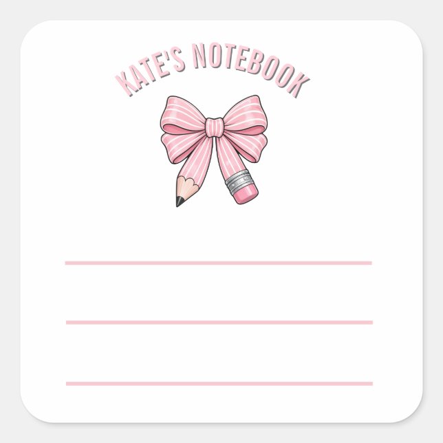 Cute Pastel Pink Cute School Pencil Bow Notebook Square Sticker (Front)