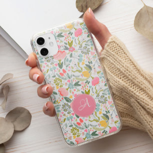 Cute pastel pink floral botanical monogram iPhone 14 case
