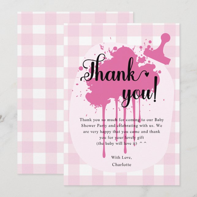 Cute Pastel Pink Gingham Baby Shower Thank You Card (Front/Back)