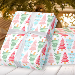 Cute Pastel Pink Green Colourful Christmas Tree Wrapping Paper