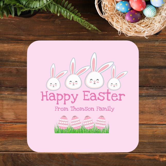 Cute Pastel Pink Green Easter Bunny Egg Square Sticker (Creator Uploaded)